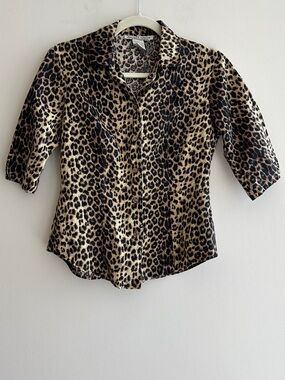 David Brooks Women’s Linen-Cotton Blend Cheetah Print Button Down Shirt, Size 4
